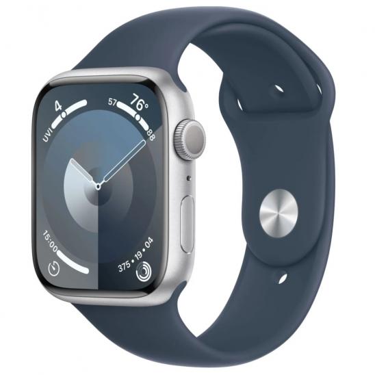 Apple Watch Series 9 45mm Silver Aluminum Case with Blue Sport Band